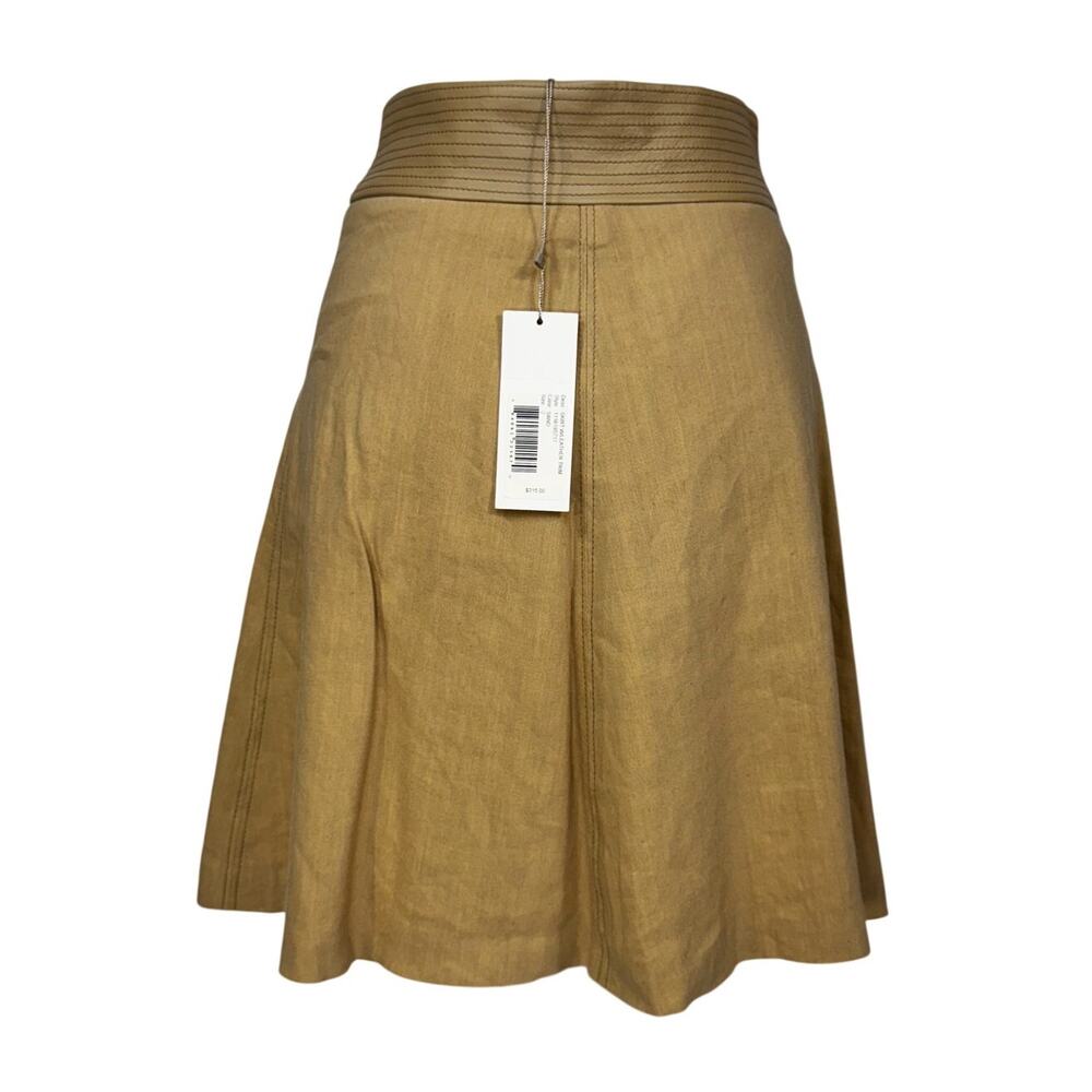 Rebecca Taylor Mini Skirt Sz 2 Sand Linen Lamb Leather Trim Geometric A-Line NWT - Picture 3 of 16